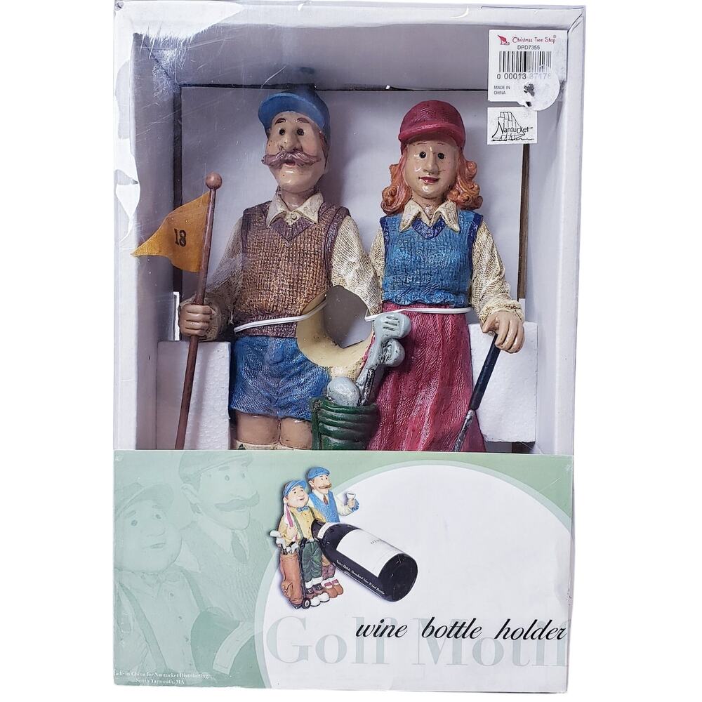 NIB Vintage CHRISTMAS TREE SHOPPE NANTUCKET Golfer Couple Wine Bottle Holder